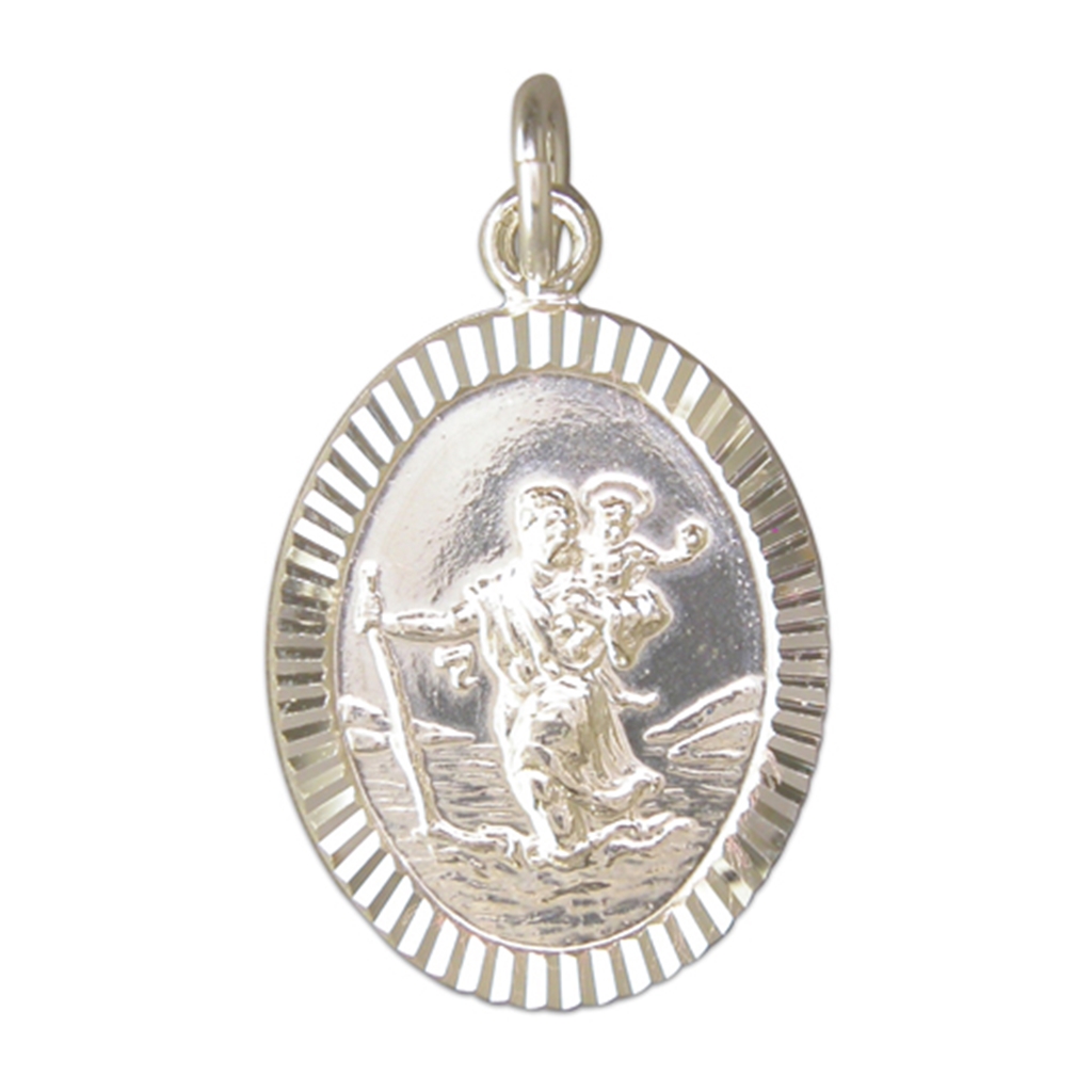 Men's Silver Large Diamond Cut Oval St Christopher Necklace | eBay